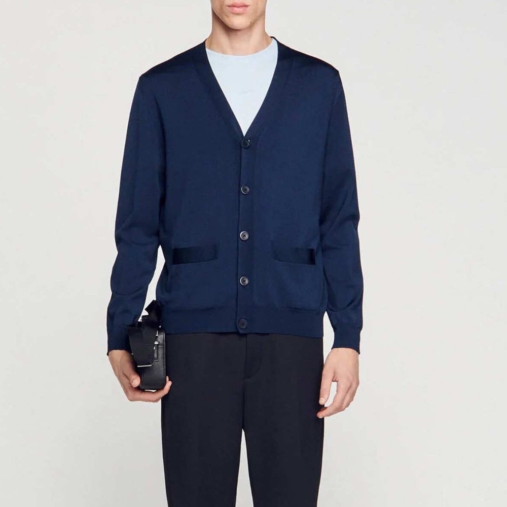 Sandro Knit Cardigan Mens XL Blue V-Neck Button Front Patch Pockets Long Sleeve